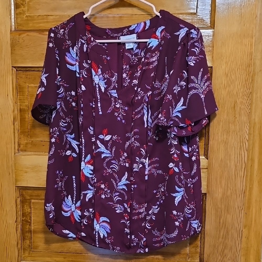 Liz Claiborne Purple Short Sleeve Blouse with Mandarin Collar L